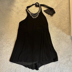 Alice and Olivia, Black Mini Halter Dress, gold and gem collar, chiffon, Size L